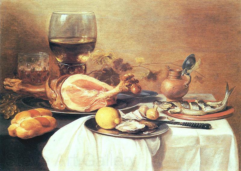 Pieter Claesz A ham, a herring, oysters, a lemon, bread, onions, grapes and a roemer Norge oil painting art